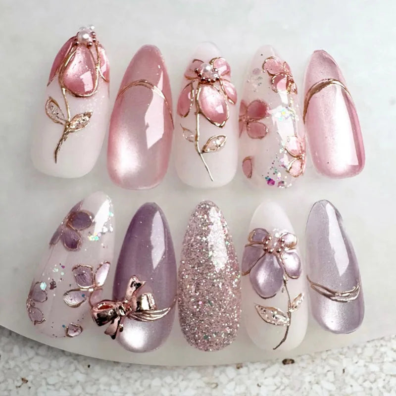 24Pcs/Set French Almond Press on Nails Pink Flower Fake Nails Spicy Girls False Nail Artificial Tips 네일팁 Накладные Ногти Uñas
