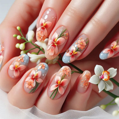 24Pcs/Set French Almond Press on Nails Pink Flower Fake Nails Spicy Girls False Nail Artificial Tips 네일팁 Накладные Ногти Uñas