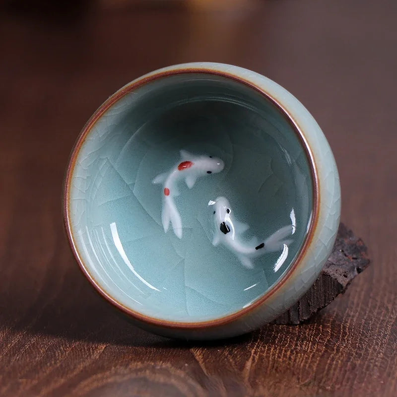 60Ml Crackle Golden Fish Celadon Porcelain Teacups Delicate Longquan Tea Cup Bowl Kungfu Serviceable Chinese Tea Cup Tea Making