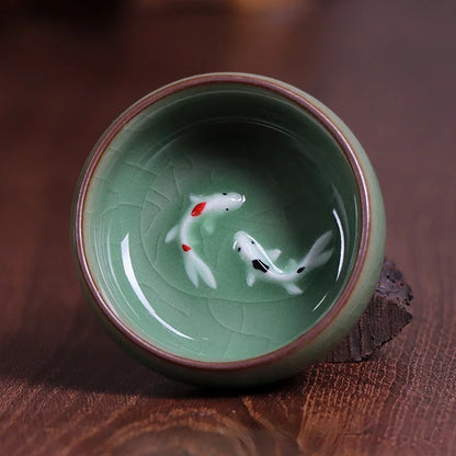 60Ml Crackle Golden Fish Celadon Porcelain Teacups Delicate Longquan Tea Cup Bowl Kungfu Serviceable Chinese Tea Cup Tea Making