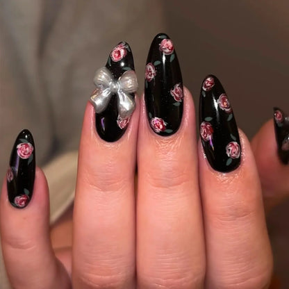 24Pcs/Set French Almond Press on Nails Pink Flower Fake Nails Spicy Girls False Nail Artificial Tips 네일팁 Накладные Ногти Uñas