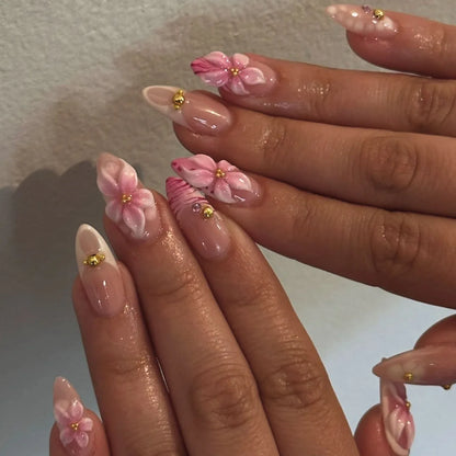 24Pcs/Set French Almond Press on Nails Pink Flower Fake Nails Spicy Girls False Nail Artificial Tips 네일팁 Накладные Ногти Uñas