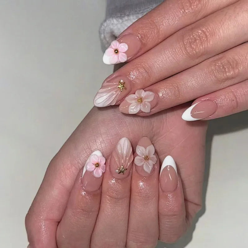 24Pcs/Set French Almond Press on Nails Pink Flower Fake Nails Spicy Girls False Nail Artificial Tips 네일팁 Накладные Ногти Uñas