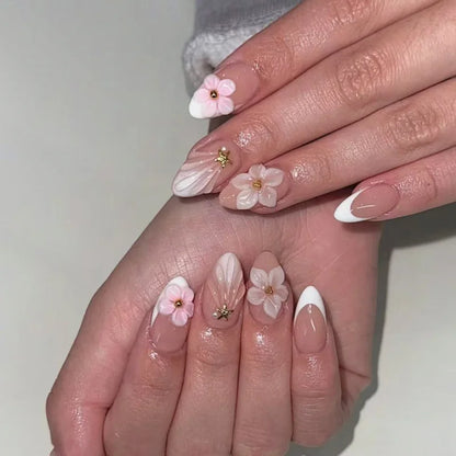 24Pcs/Set French Almond Press on Nails Pink Flower Fake Nails Spicy Girls False Nail Artificial Tips 네일팁 Накладные Ногти Uñas