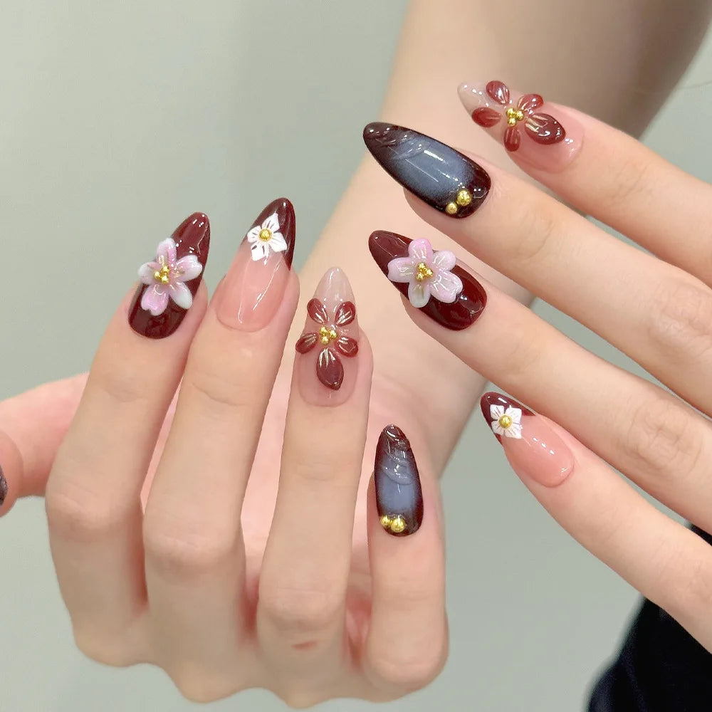 24Pcs/Set French Almond Press on Nails Pink Flower Fake Nails Spicy Girls False Nail Artificial Tips 네일팁 Накладные Ногти Uñas