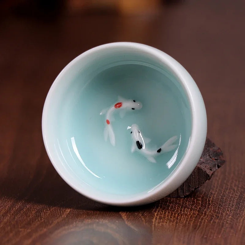 60Ml Crackle Golden Fish Celadon Porcelain Teacups Delicate Longquan Tea Cup Bowl Kungfu Serviceable Chinese Tea Cup Tea Making