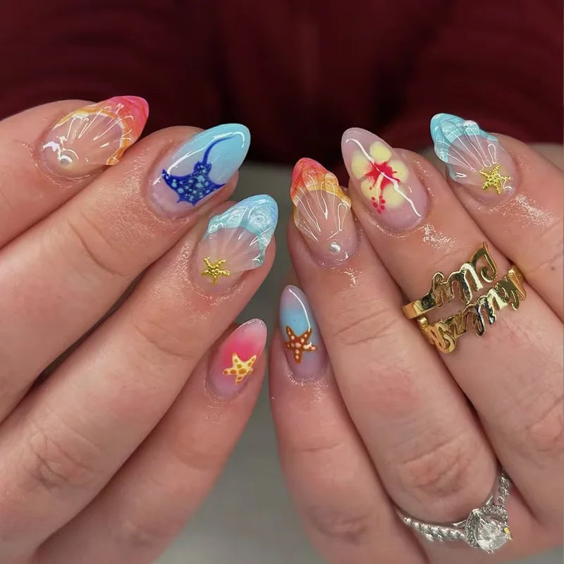 24Pcs/Set French Almond Press on Nails Pink Flower Fake Nails Spicy Girls False Nail Artificial Tips 네일팁 Накладные Ногти Uñas