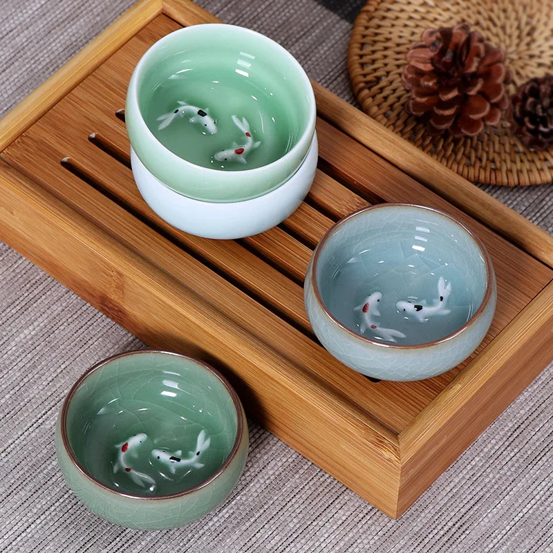 60Ml Crackle Golden Fish Celadon Porcelain Teacups Delicate Longquan Tea Cup Bowl Kungfu Serviceable Chinese Tea Cup Tea Making