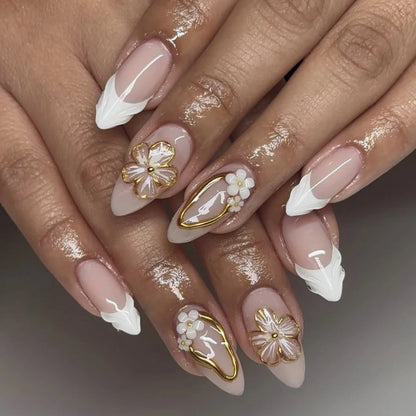 24Pcs/Set French Almond Press on Nails Pink Flower Fake Nails Spicy Girls False Nail Artificial Tips 네일팁 Накладные Ногти Uñas