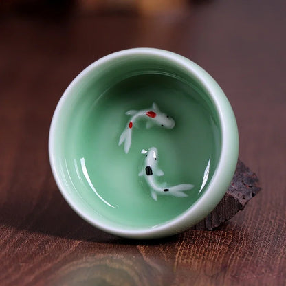 60Ml Crackle Golden Fish Celadon Porcelain Teacups Delicate Longquan Tea Cup Bowl Kungfu Serviceable Chinese Tea Cup Tea Making