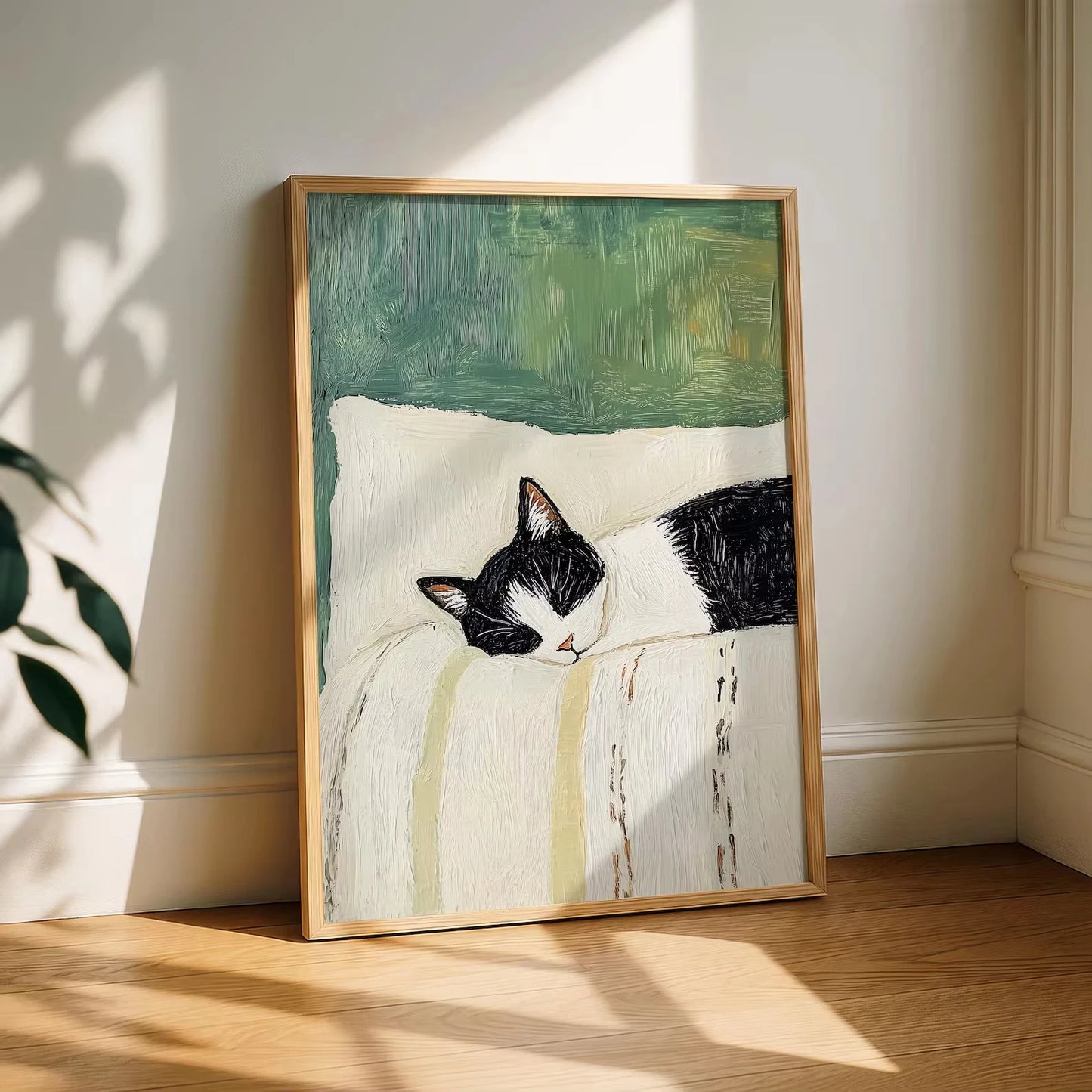 Funny Sleeping Tuxedo Cat Wall Art Print: Black and White Cat Painting, Unframed Cat Poster Gift Home Decoration
