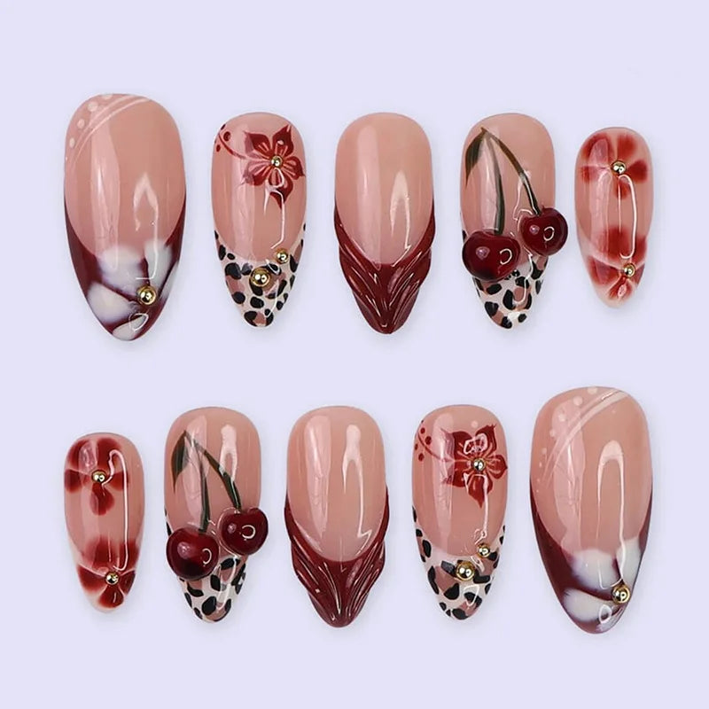 24Pcs/Set French Almond Press on Nails Pink Flower Fake Nails Spicy Girls False Nail Artificial Tips 네일팁 Накладные Ногти Uñas