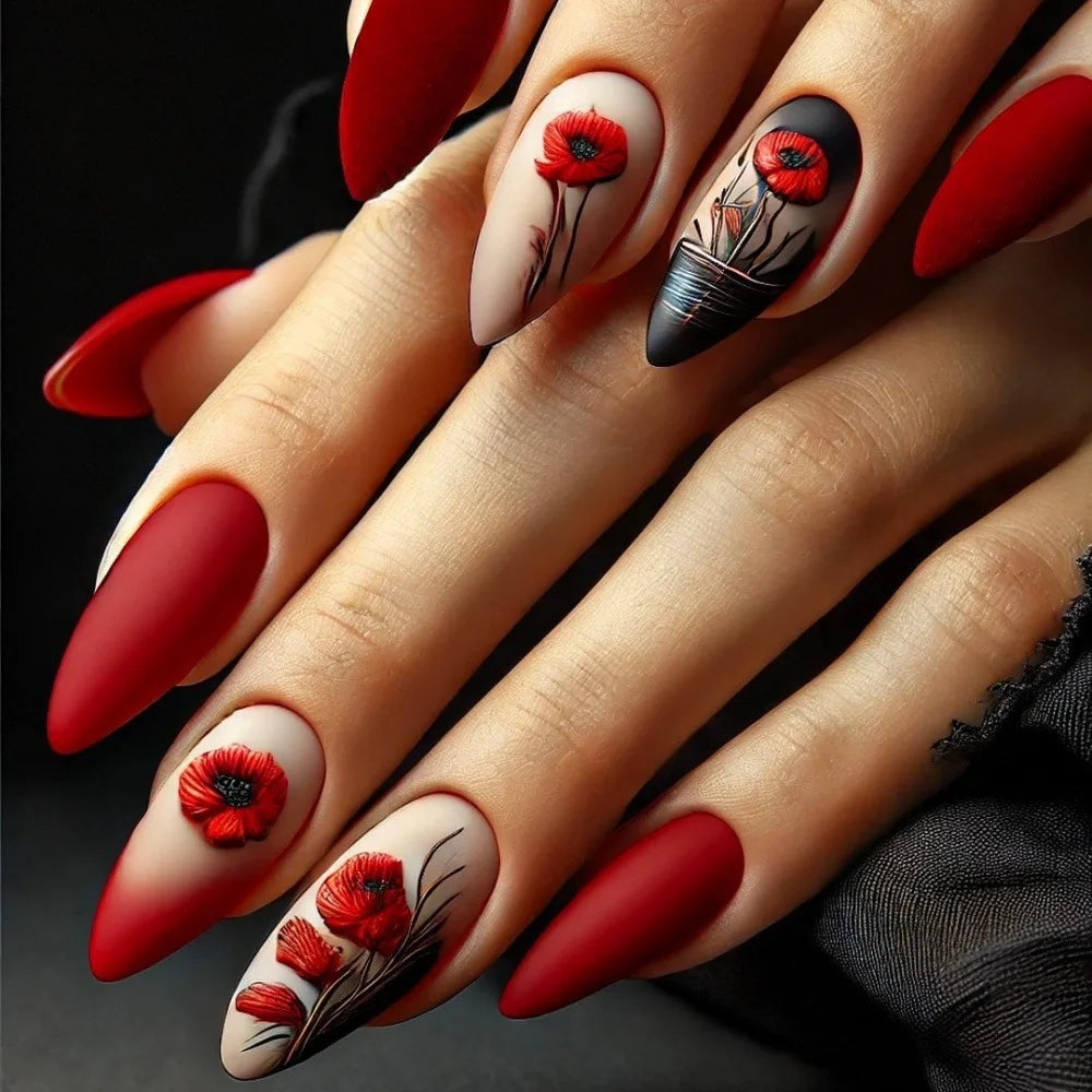 24Pcs/Set French Almond Press on Nails Pink Flower Fake Nails Spicy Girls False Nail Artificial Tips 네일팁 Накладные Ногти Uñas