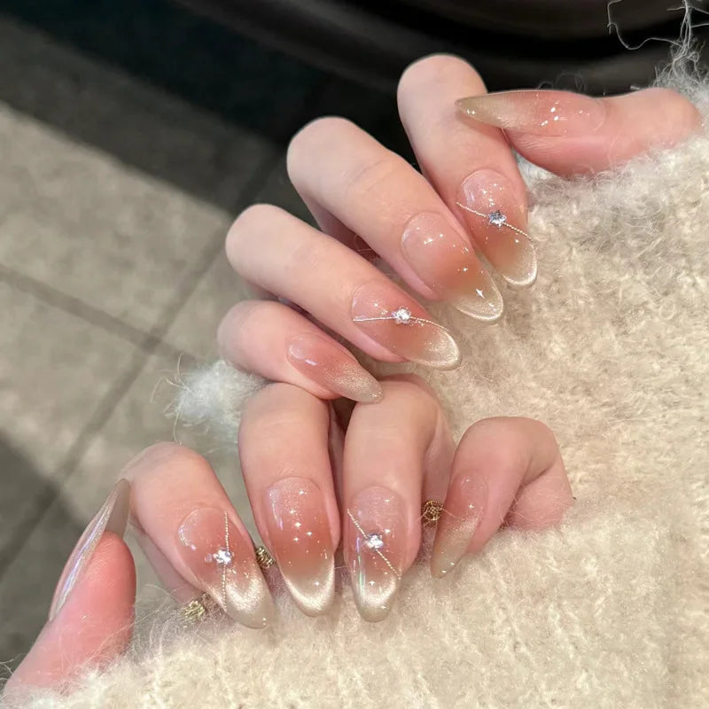 24Pcs/Set French Almond Press on Nails Pink Flower Fake Nails Spicy Girls False Nail Artificial Tips 네일팁 Накладные Ногти Uñas