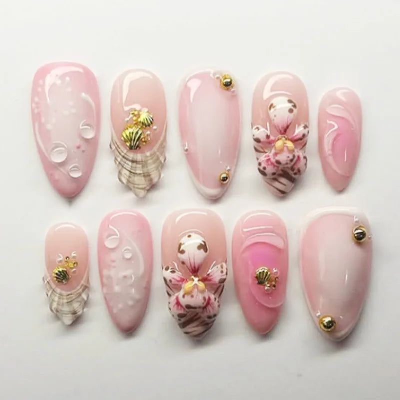 24Pcs/Set French Almond Press on Nails Pink Flower Fake Nails Spicy Girls False Nail Artificial Tips 네일팁 Накладные Ногти Uñas
