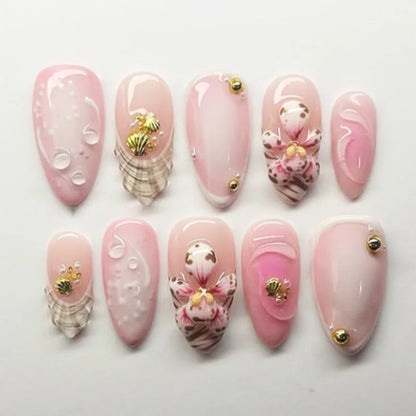 24Pcs/Set French Almond Press on Nails Pink Flower Fake Nails Spicy Girls False Nail Artificial Tips 네일팁 Накладные Ногти Uñas