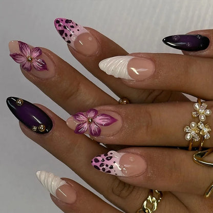 24Pcs/Set French Almond Press on Nails Pink Flower Fake Nails Spicy Girls False Nail Artificial Tips 네일팁 Накладные Ногти Uñas