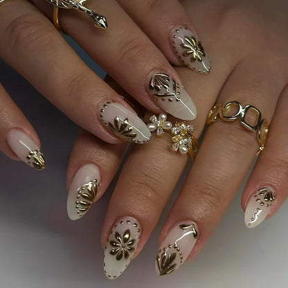24Pcs/Set French Almond Press on Nails Pink Flower Fake Nails Spicy Girls False Nail Artificial Tips 네일팁 Накладные Ногти Uñas