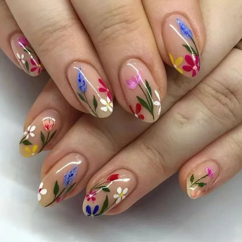 24Pcs/Set French Almond Press on Nails Pink Flower Fake Nails Spicy Girls False Nail Artificial Tips 네일팁 Накладные Ногти Uñas
