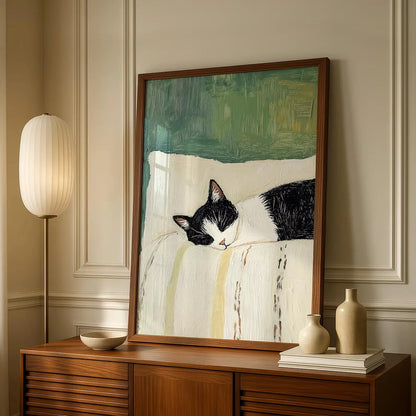 Funny Sleeping Tuxedo Cat Wall Art Print: Black and White Cat Painting, Unframed Cat Poster Gift Home Decoration
