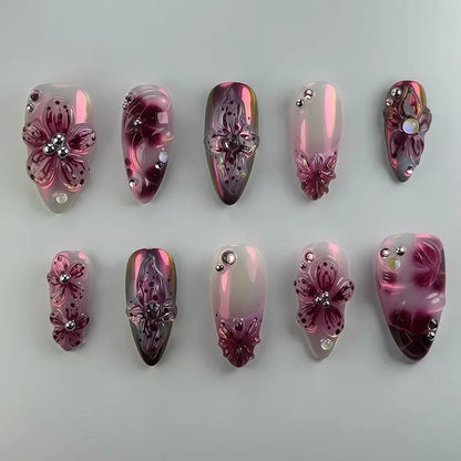 24Pcs/Set French Almond Press on Nails Pink Flower Fake Nails Spicy Girls False Nail Artificial Tips 네일팁 Накладные Ногти Uñas