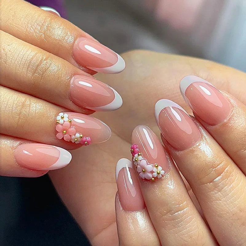 24Pcs/Set French Almond Press on Nails Pink Flower Fake Nails Spicy Girls False Nail Artificial Tips 네일팁 Накладные Ногти Uñas
