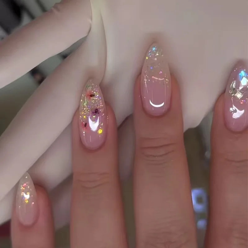 24Pcs/Set French Almond Press on Nails Pink Flower Fake Nails Spicy Girls False Nail Artificial Tips 네일팁 Накладные Ногти Uñas
