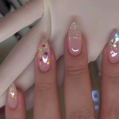 24Pcs/Set French Almond Press on Nails Pink Flower Fake Nails Spicy Girls False Nail Artificial Tips 네일팁 Накладные Ногти Uñas