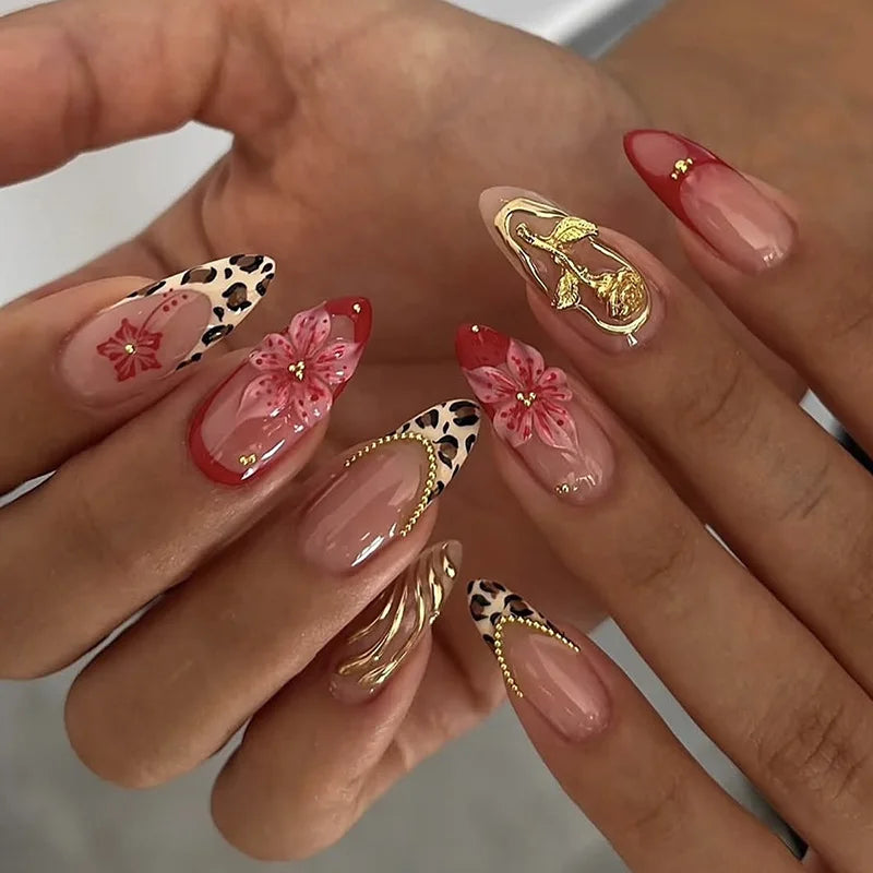 24Pcs/Set French Almond Press on Nails Pink Flower Fake Nails Spicy Girls False Nail Artificial Tips 네일팁 Накладные Ногти Uñas
