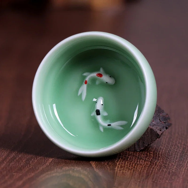 60Ml Crackle Golden Fish Celadon Porcelain Teacups Delicate Longquan Tea Cup Bowl Kungfu Serviceable Chinese Tea Cup Tea Making