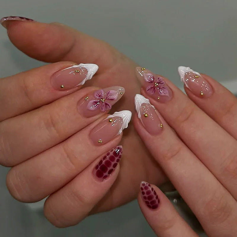 24Pcs/Set French Almond Press on Nails Pink Flower Fake Nails Spicy Girls False Nail Artificial Tips 네일팁 Накладные Ногти Uñas