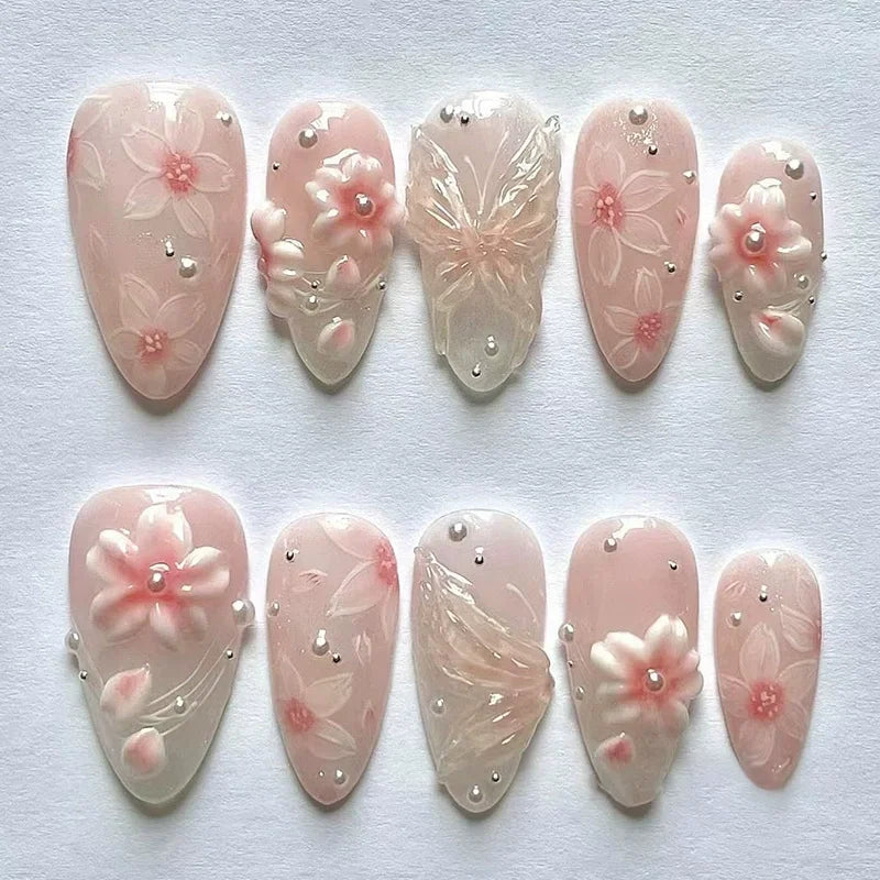 24Pcs/Set French Almond Press on Nails Pink Flower Fake Nails Spicy Girls False Nail Artificial Tips 네일팁 Накладные Ногти Uñas