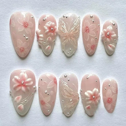 24Pcs/Set French Almond Press on Nails Pink Flower Fake Nails Spicy Girls False Nail Artificial Tips 네일팁 Накладные Ногти Uñas