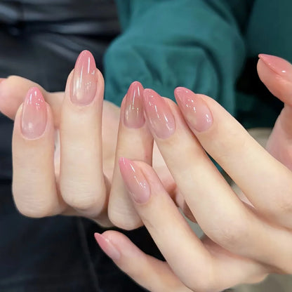 24Pcs/Set French Almond Press on Nails Pink Flower Fake Nails Spicy Girls False Nail Artificial Tips 네일팁 Накладные Ногти Uñas