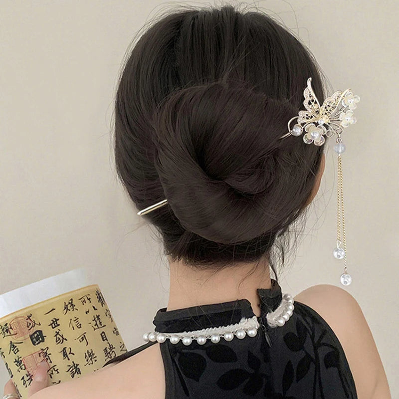 Elegant Chinese Style Hair Clip Tassel Hair Stick Traditional Floral Design Hairstyle Accessory Women Jewelry Hairpin Hairneedle