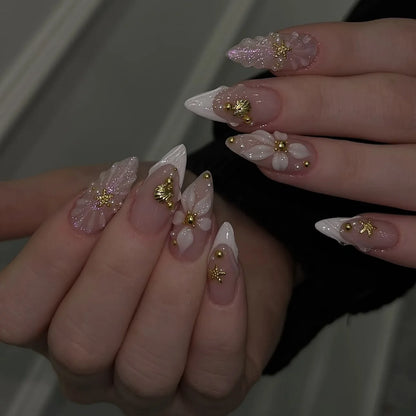 24Pcs/Set French Almond Press on Nails Pink Flower Fake Nails Spicy Girls False Nail Artificial Tips 네일팁 Накладные Ногти Uñas