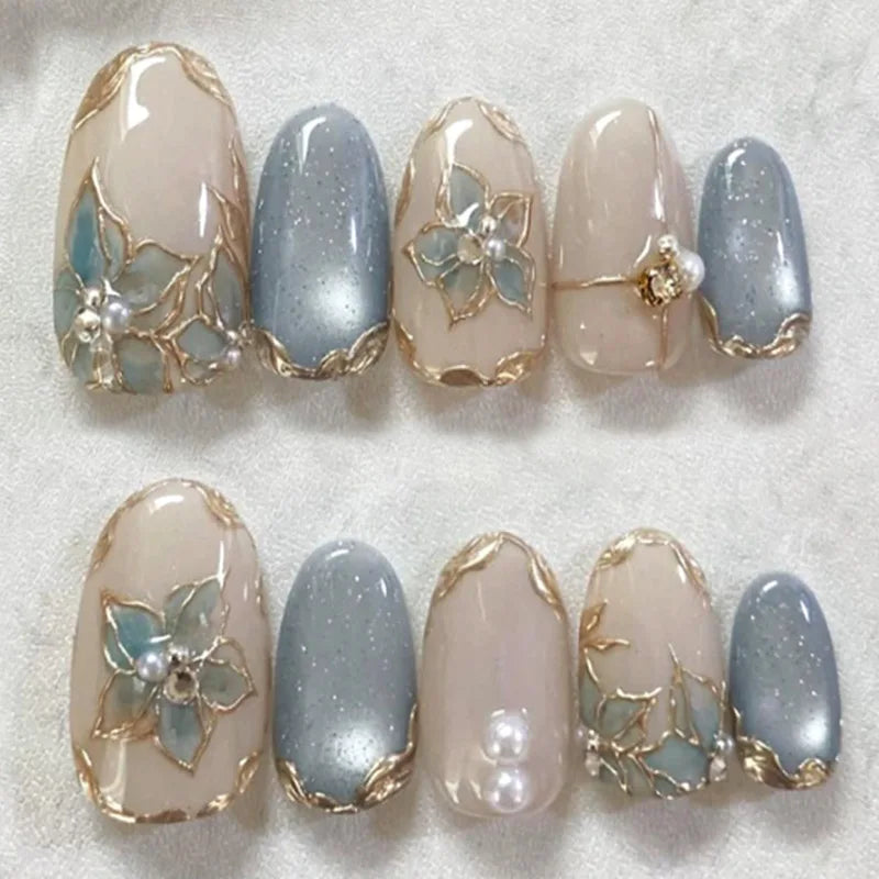 24Pcs/Set French Almond Press on Nails Pink Flower Fake Nails Spicy Girls False Nail Artificial Tips 네일팁 Накладные Ногти Uñas