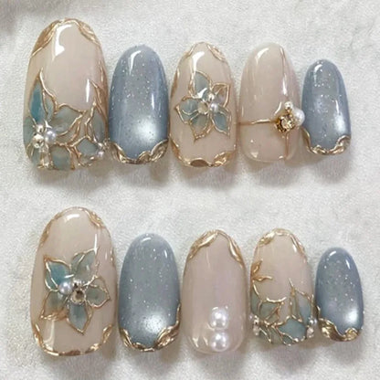 24Pcs/Set French Almond Press on Nails Pink Flower Fake Nails Spicy Girls False Nail Artificial Tips 네일팁 Накладные Ногти Uñas