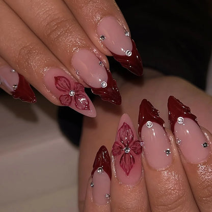 24Pcs/Set French Almond Press on Nails Pink Flower Fake Nails Spicy Girls False Nail Artificial Tips 네일팁 Накладные Ногти Uñas