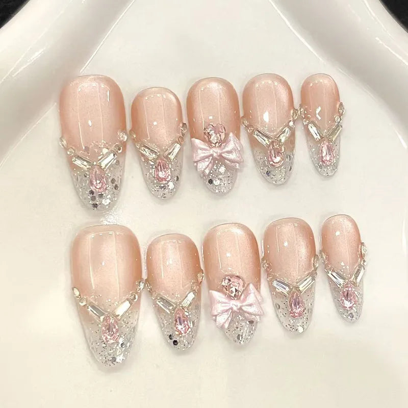24Pcs Gradient Pink Full Cover Fake Nail Tips with White Bow Glitter Almond False Nails Grid Pattern Press on Nails Wearable