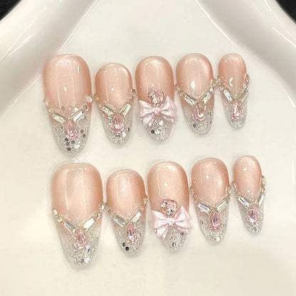 24Pcs Gradient Pink Full Cover Fake Nail Tips with White Bow Glitter Almond False Nails Grid Pattern Press on Nails Wearable