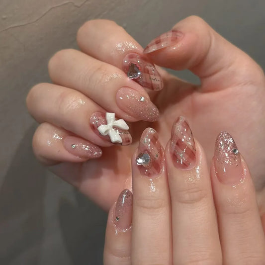 24Pcs Gradient Pink Full Cover Fake Nail Tips with White Bow Glitter Almond False Nails Grid Pattern Press on Nails Wearable