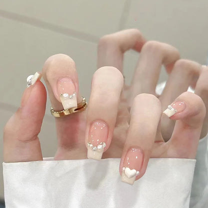24Pcs Gradient Pink Full Cover Fake Nail Tips with White Bow Glitter Almond False Nails Grid Pattern Press on Nails Wearable