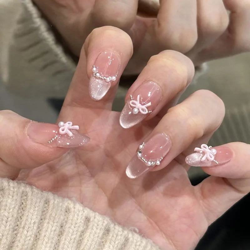 24Pcs Gradient Pink Full Cover Fake Nail Tips with White Bow Glitter Almond False Nails Grid Pattern Press on Nails Wearable