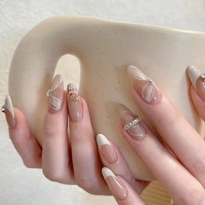 24Pcs Gradient Pink Full Cover Fake Nail Tips with White Bow Glitter Almond False Nails Grid Pattern Press on Nails Wearable