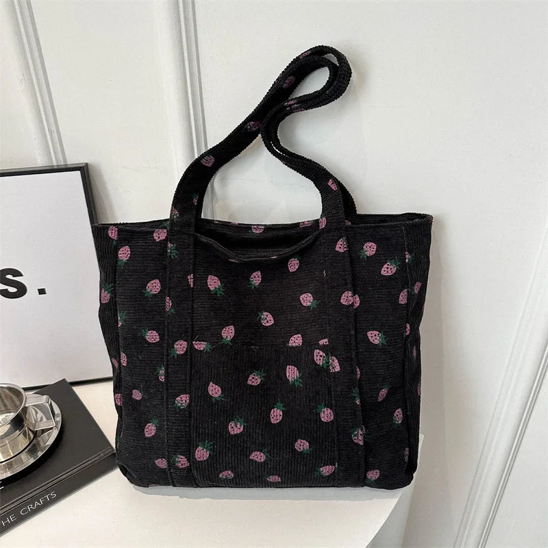 Corduroy Handbag Strawberries Beach Bag Fashionable Versatile Shoulder Bag Largecapacity Simple Commuter Women'S Tote Bag Bolsos