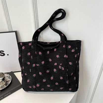 Corduroy Handbag Strawberries Beach Bag Fashionable Versatile Shoulder Bag Largecapacity Simple Commuter Women'S Tote Bag Bolsos