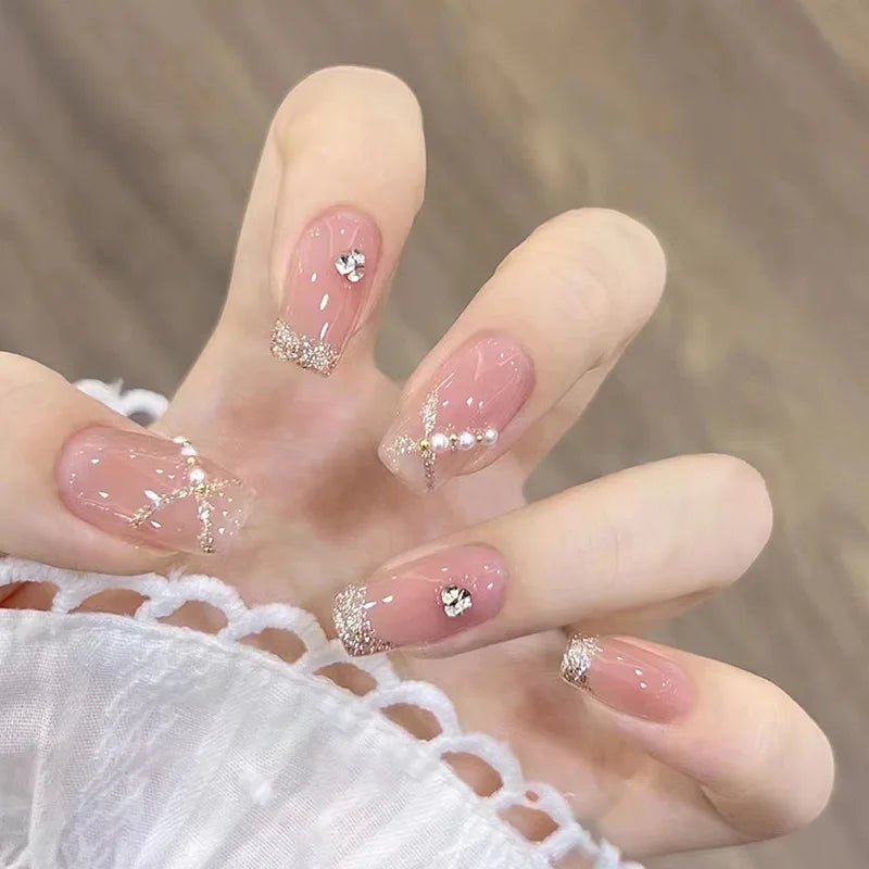 24Pcs Gradient Pink Full Cover Fake Nail Tips with White Bow Glitter Almond False Nails Grid Pattern Press on Nails Wearable