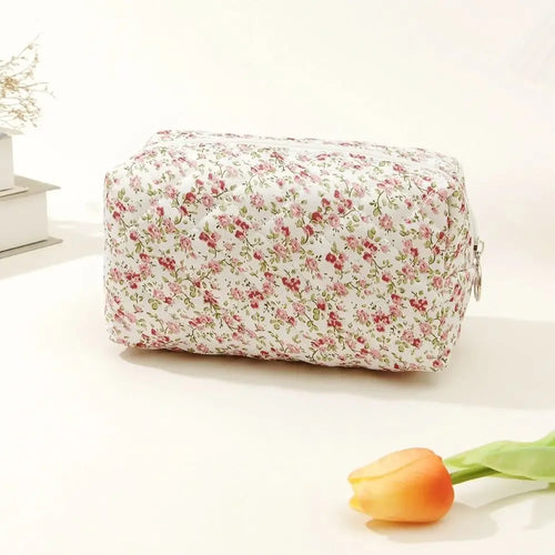 1PC Flower Printed Puffy Quilted Zipper Makeup Bag Storage Organizer Toiletry Handbag Cosmetic Pouch Large Travel Cosmetic Bag