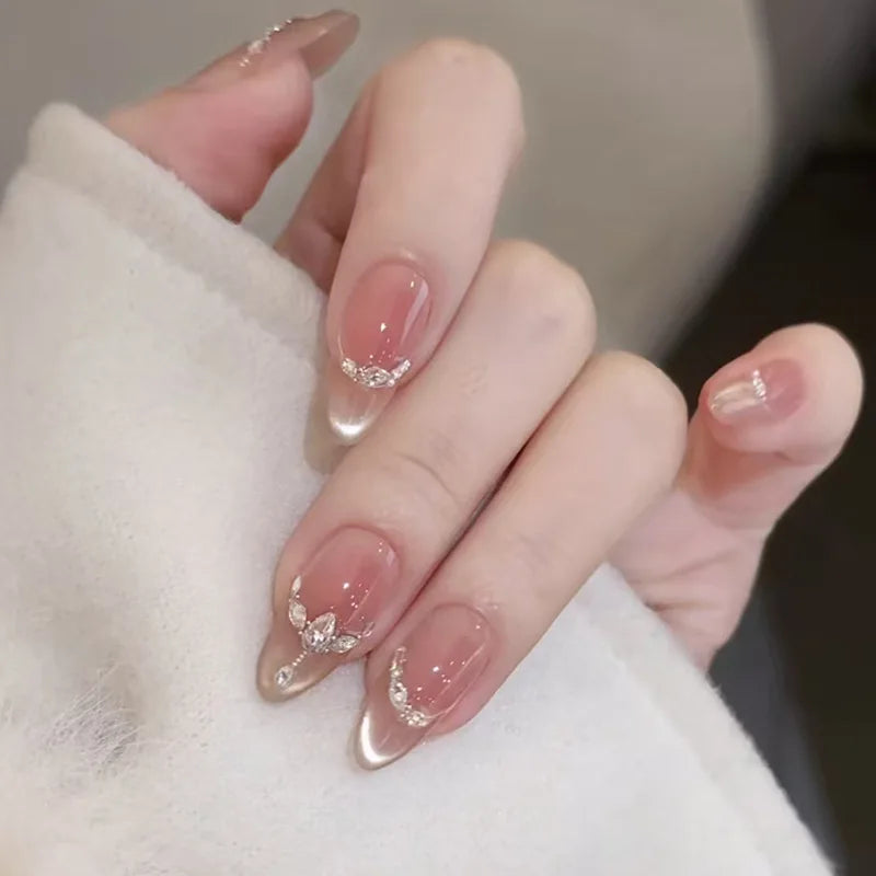 24Pcs Gradient Pink Full Cover Fake Nail Tips with White Bow Glitter Almond False Nails Grid Pattern Press on Nails Wearable